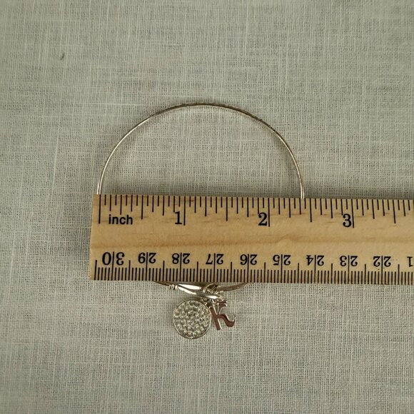 Silver Bangle Bracelet With Rhinestone Circle and K Charm - Picture 5 of 8